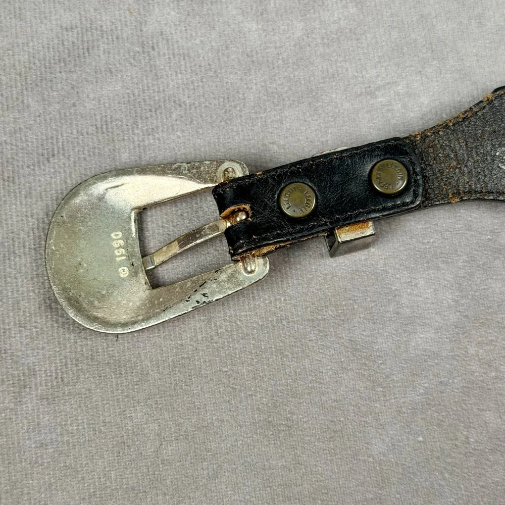 Vintage Silver Creek Black Leather Western Bull Skull Concho Belt 1990 USA Made